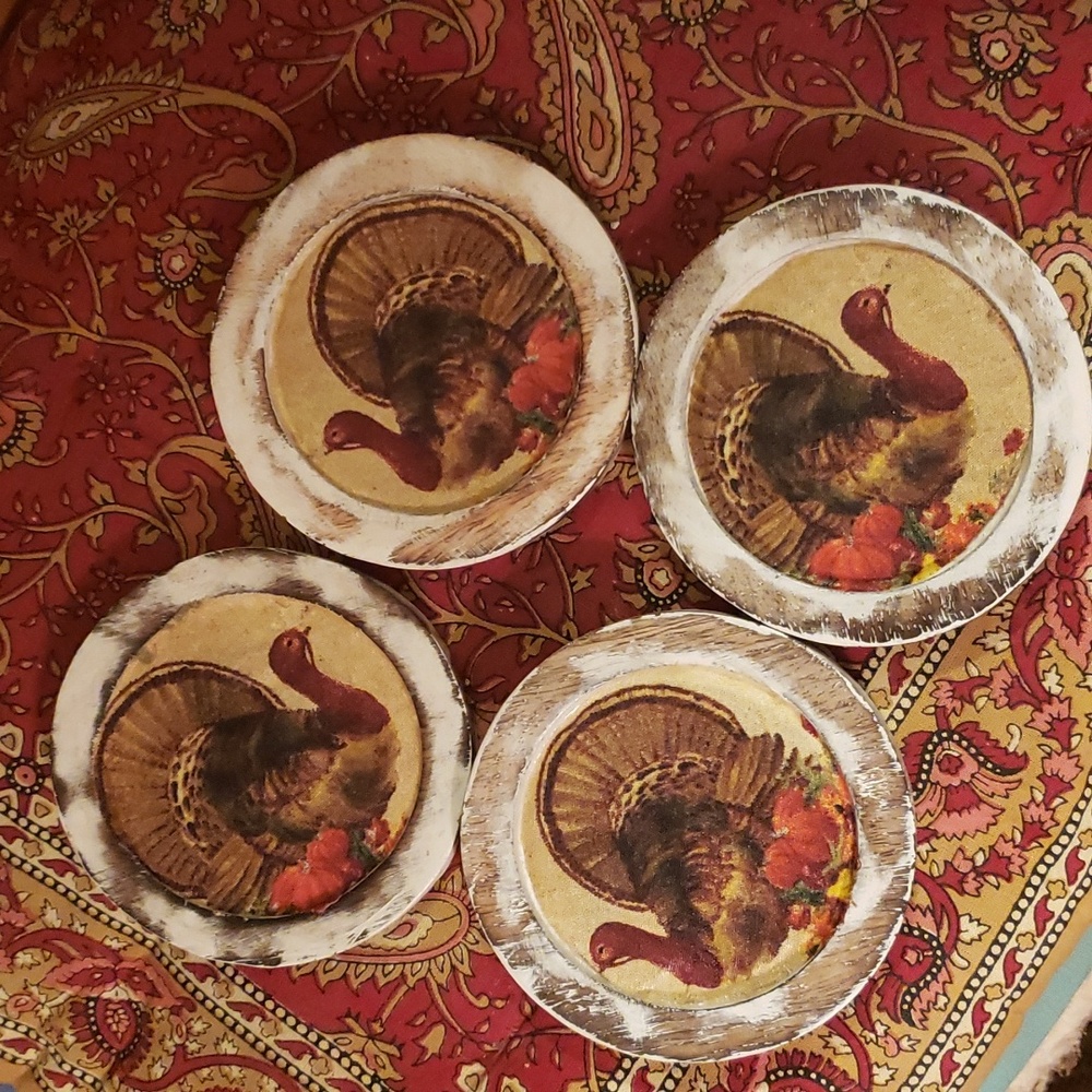 Drink Coasters Decoupage Wooden Turkey  artisan made set of 4 - Holiday Table
